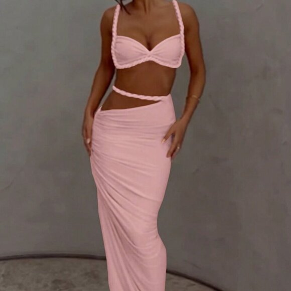 Pink Women's Sexy cropped top & Hip Hugging maxi Skirt Set - Picture 1 of 4